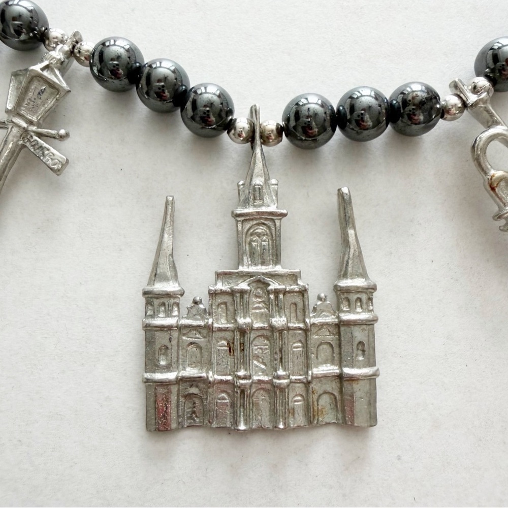 Maurice Milleur Charm Necklace Gumbo Necklace Hematite Pewter Beads Silver LSU - Picture 2 of 11